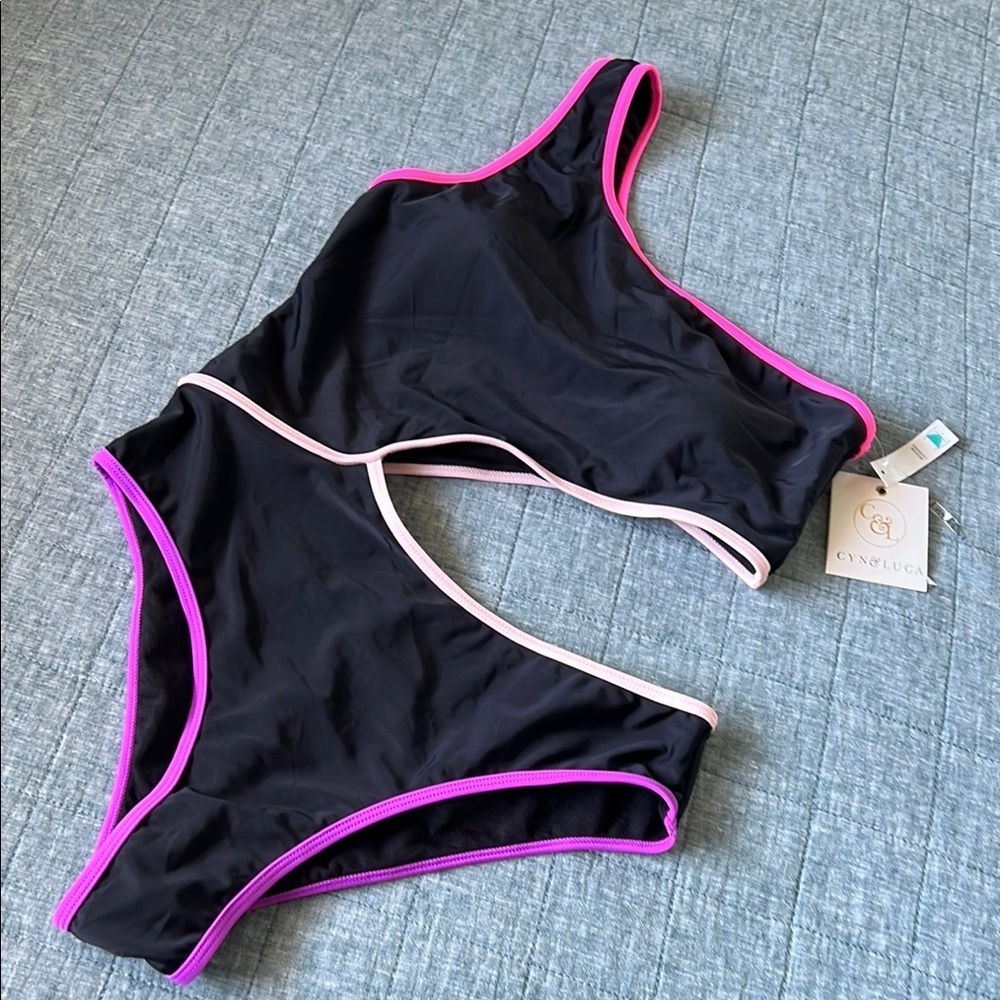 NEW CYN & LUCA Retro 80s One-Shoulder Monokini in Black and Neon Trim | L